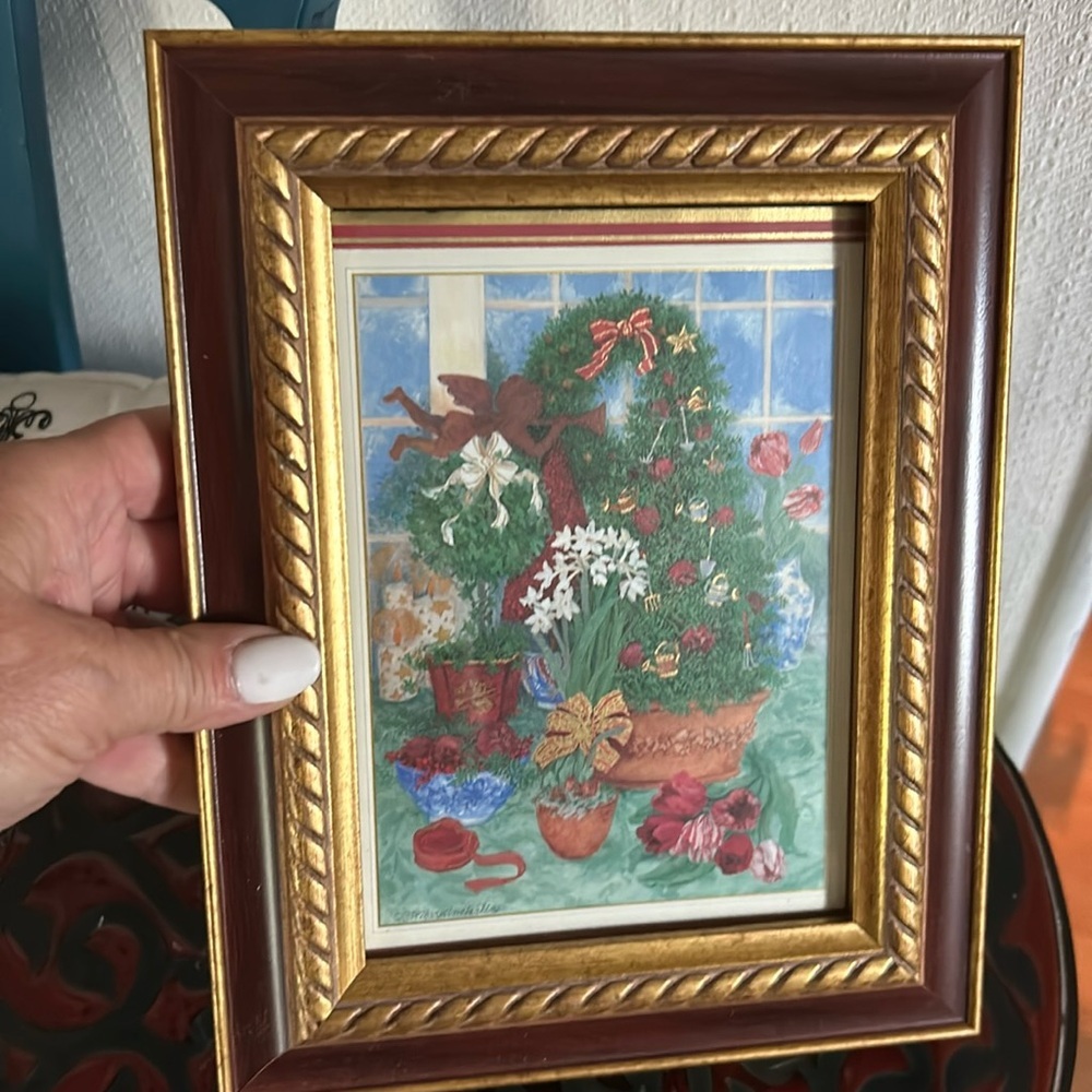 Vintage Framed Christmas-themed Garden Scene